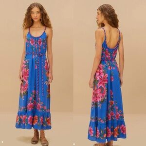 L4. FARM Rio Blue and Pink Ruffled Maxi Sundress